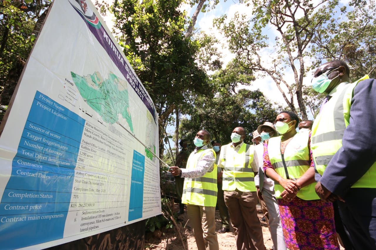 GOVERNOR KIRAITU ACCOMPANIED BY TWO CABINET SECRETARIES INSPECT ONGOING CONSTRUCTION OF MEGA WATER PROJECT IN BUURI.